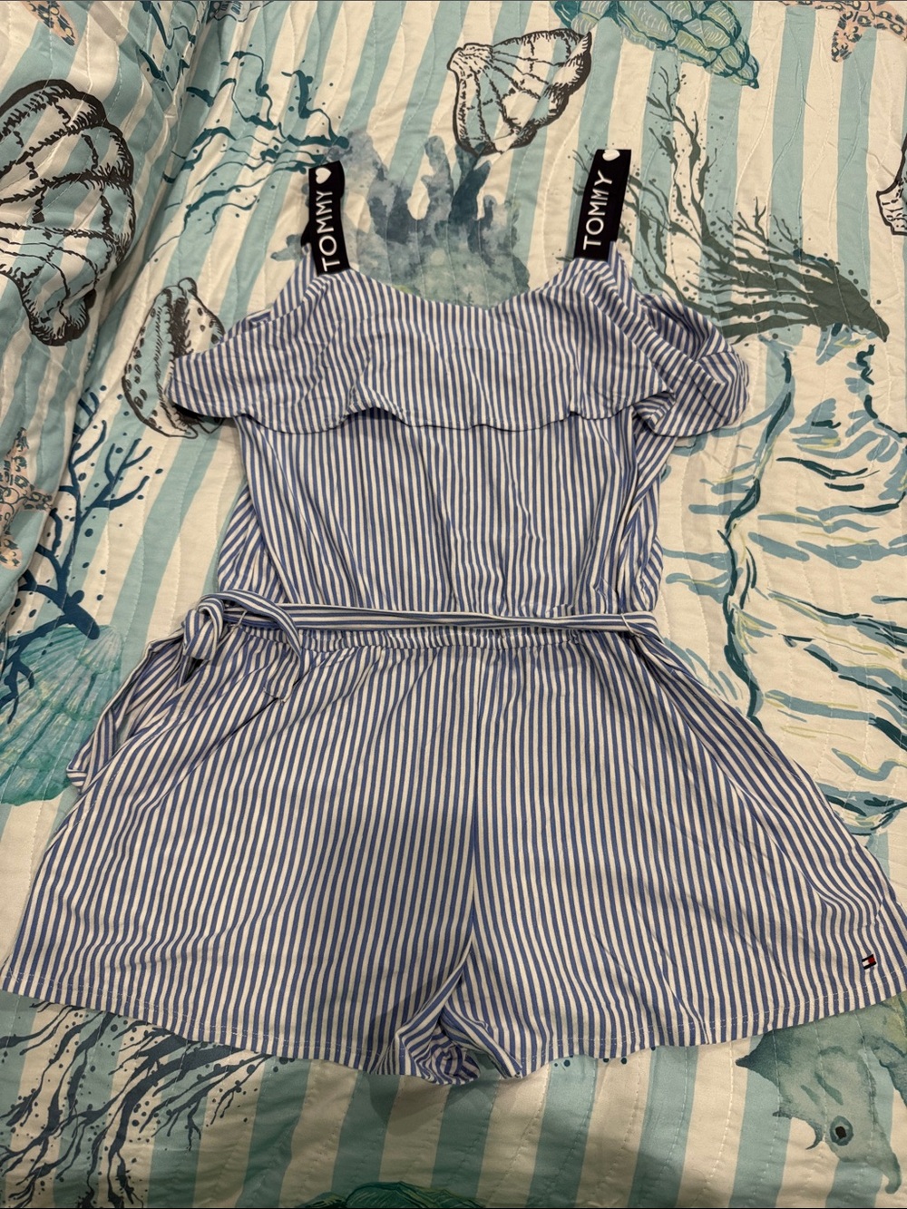 Tommy Hilfiger Blue and White Striped Off-Shoulder Romper with Tie